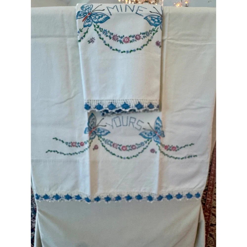 Vintage Mine and Yours Hand Embroidered Pillowcase Set Butterfly Crochet Lace